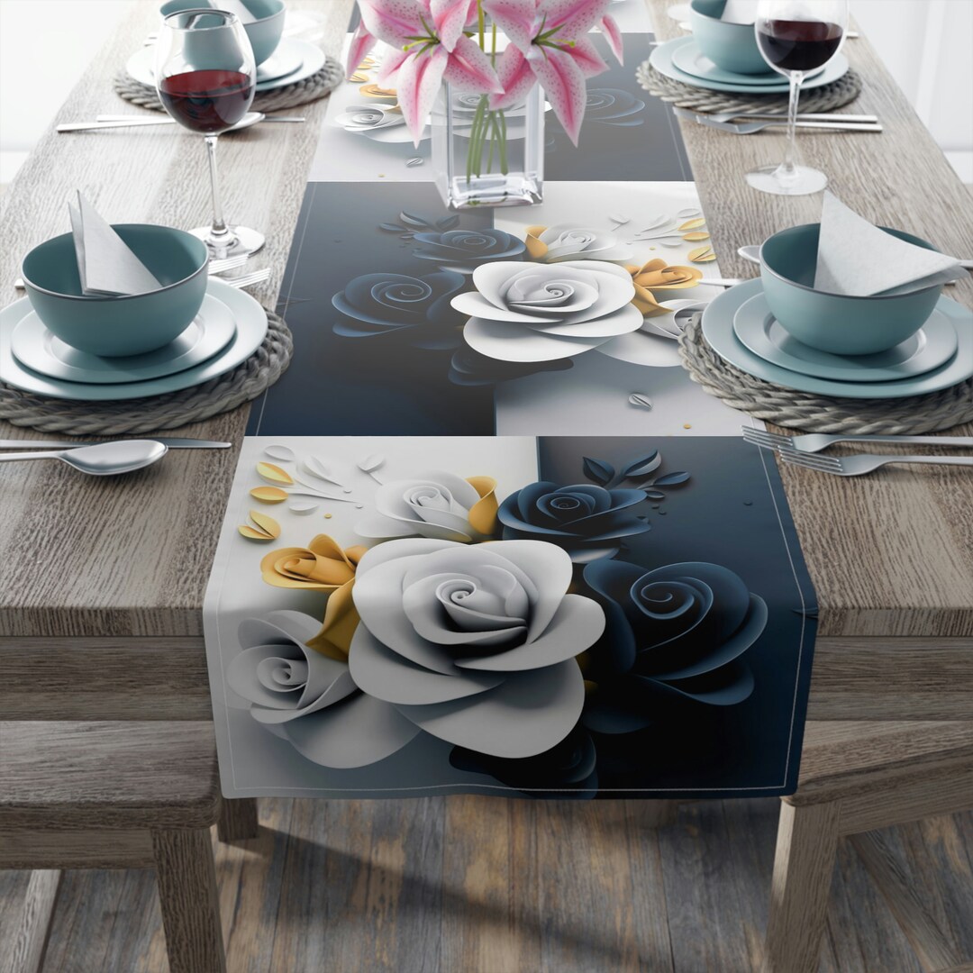 Blue and White Checkered Table Runner With White, Blue, and Yellow Roses A Timeless Addition to