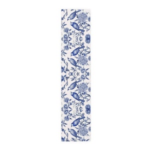 Chinoiserie Floral Birds Table Runner | Antique White and Blue | Elegant Home Decor (Cotton, Poly) 72" or 90"