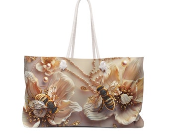 Bee Floral Weekender Tote Bag, Pastel Chic Beach Bag, Bride Tote, Honeymoon Travel bag, Gift for Bride, Friend, Mom Gift, Chic Gift