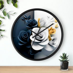 Chic Floral Wall Clock, Modern Stylish White and Blue Decorative Clock, Leaving Room Clock, Kitchen Clock, Silent Clock, 10in