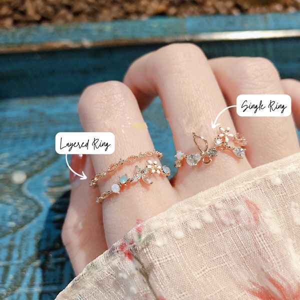 FLORAL ROSE GOLD Stackable Ring Set, Cz Rings, Crescent Rings, Open Ring, Adjustable Flower Rings, Celestial Rings, Rose Gold Rings For Her
