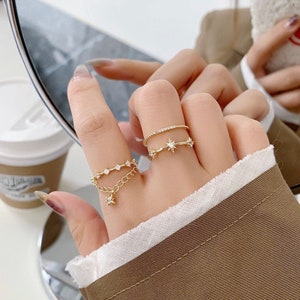 CELESTIAL GOLD CHAIN Multiple Ring Set, Adjustable Gold Star Rings, Dainty Cz Open Rings, Layering Keychain Ring Set, Floral Gold Ring Set