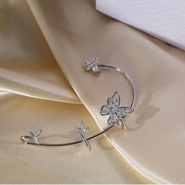 Butterfly Ear Cuff Earrings, No Piercing Butterfly Climber, Silver Butterfly Ear Wrap, Party Earrings, animal earrings, full ear earrings,