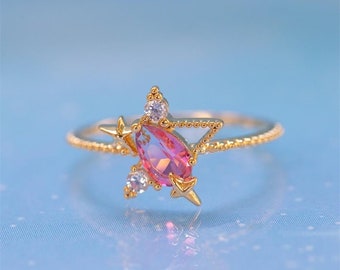 CRISTAL ROSE CELESTIAL Moon Star Dainty Minimalist Aesthetic Gold Ring, Crescent Shinny Sparking Fancy Luxurious Ring Set For Women