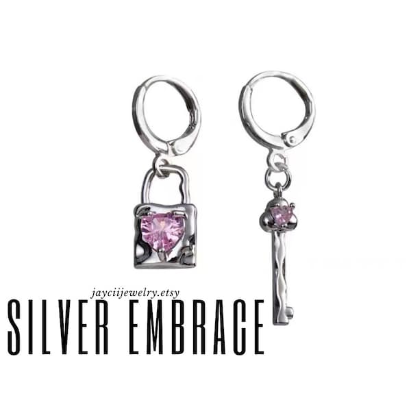 SILVER EMBRACE PINK Heart Mismatched Cute Romantic Costume Earrings, Elegant Fancy Heart Shape Pink Diamond Crystal Stone Dangling Earrings