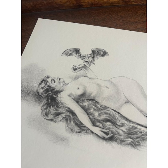 Lady with bat gothic romantic fine art print museum quality Victorian style