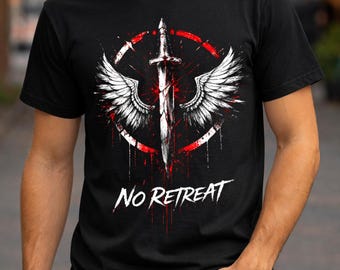 No Retreat Wings Sword T-Shirt | Warrior Men's Streetwear Shirt | Gothic Anime Graphic Tee | Gift For Him