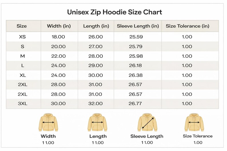Puede incluir: Tabla de tallas de sudadera con capucha y cremallera unisex. Medidas en cm para tallas XS a 3XL. Incluye ancho, largo, largo de manga y tolerancia de talla. Diagramas ilustran c&oacute;mo medir.