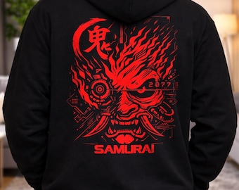 Cyberpunk 2077 Samurai Red Skull Hoodie | Men's Streetwear Sweatshirt | Japanese Black Pullover Hoodie | Gift For Him