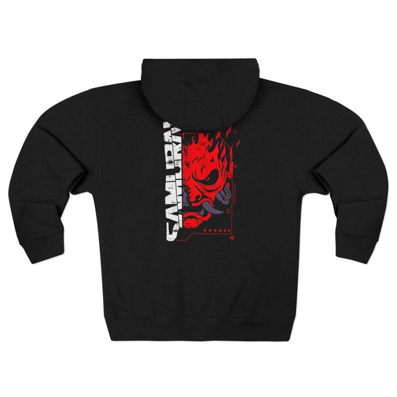 Sudadera con capucha y cremallera Cyberpunk 2077 Samurai / Sudadera con capucha y cremallera completa con estampado en la espalda para hombre / Sudadera técnica con calavera roja / Regalo para él imagen 4