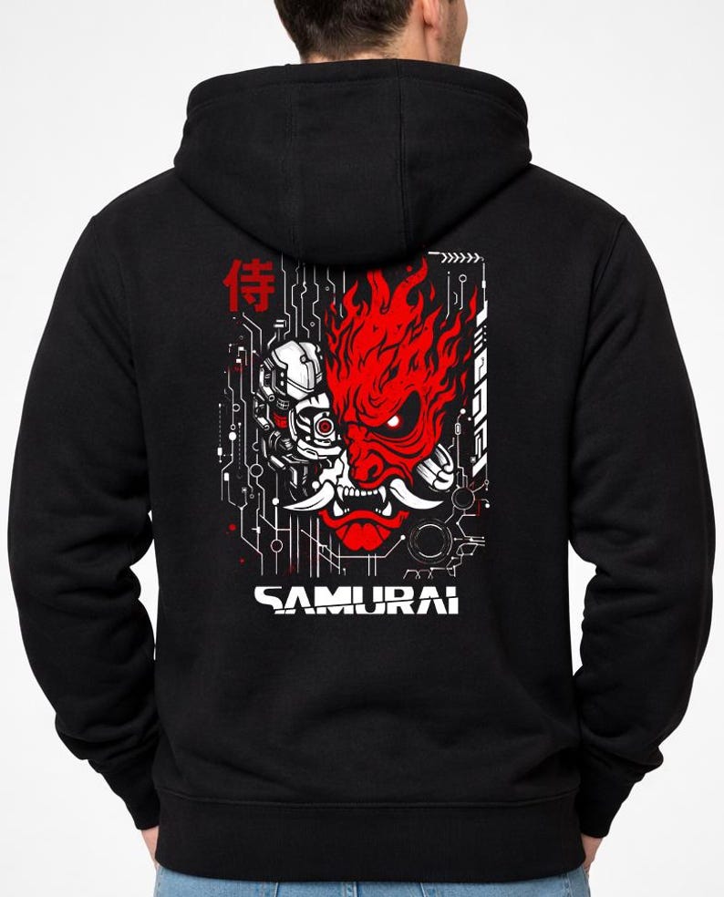 Cyberpunk 2077 Samurai Emblem Hoodie | Techwear Black Zip Hoodie | Men's Streetwear Sweatshirt image 1