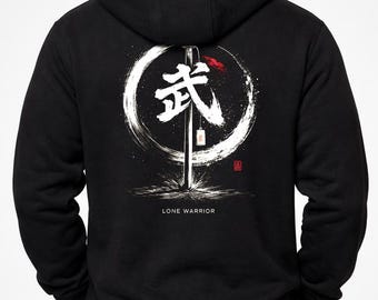 Japanese Kanji Sword Graphic Zip Hoodie | Katana Warrior Sweatshirt | Men's Streetwear Anime Hoodie | Gift For Him