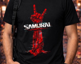 Cyberpunk 2077 Samurai Hand Rock Zeichen T-Shirt | Night City Gamer Grafik-Shirt | Herren Streetwear T-Shirt | Geschenk für Ihn