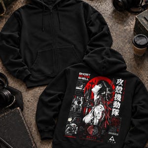 Ghost in The Shell Motoko Kusanagi Cyborg Hoodie | Japanese Vintage Anime Full Zip Hoodie | Cyberpunk Techwear Anime Sweatshirt
