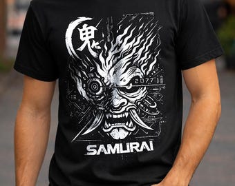 Cyberpunk 2077 Samurai Oni T-Shirt | Men's Streetwear Cosplay Gaming Tee | Monochrome Graphic Shirt | Gift for Him