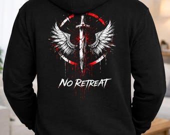 No Retreat Wings Sword Zip Hoodie | Gothic Warrior Streetwear Sweatshirt | Black Back Print Hoodie | Gift For Him