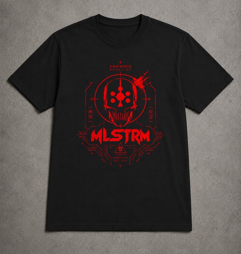 May include: A black short-sleeve t-shirt featuring a red graphic print of a stylized skull centered within a circular target design. The text MLSTRM is printed in bold red letters below the skull, accompanied by geometric lines and Japanese characters.