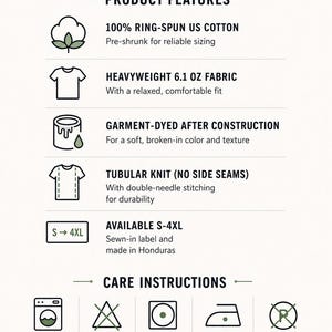 May include: An informational graphic for the Comfort Colors 1717 t-shirt. It lists features including 100% ring-spun US cotton, 6.1 oz fabric, garment-dyed texture, tubular knit construction, and sizes S-4XL. Care instructions include washing, drying, and ironing.