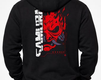 Cyberpunk 2077 Samurai Zip Hoodie | Men's Streetwear Back Print Full Zip Hoodie | Techwear Red Skull Sweatshirt | Gift for Him