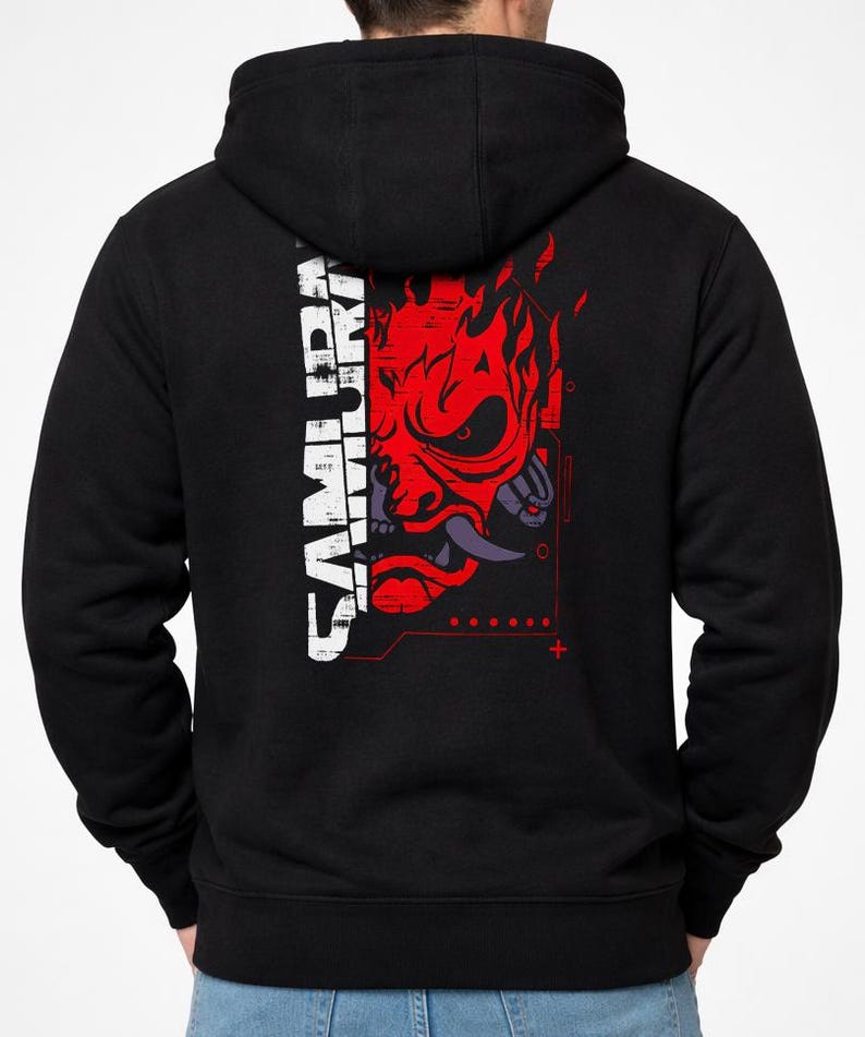 Sudadera con capucha y cremallera Cyberpunk 2077 Samurai / Sudadera con capucha y cremallera completa con estampado en la espalda para hombre / Sudadera técnica con calavera roja / Regalo para él imagen 1