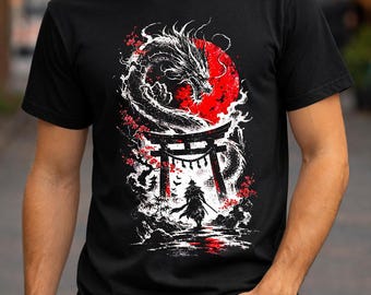 Torii Dragon T-Shirt | Japanese Streetwear Graphic Shirt | Vintage Asian Anime Tee | Gift For Him