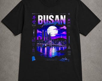 Korea Busan Moonlight T-Shirt | Vintage Korean Unisex Shirt | Retro Cityscape Streetwear Tee | Korea Fashion Style Shirt