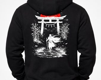 Torii Gate Samurai Zip Hoodie | Anime Streetwear Hoodie | Japanese Vintage Sweatshirt | Gift For Him