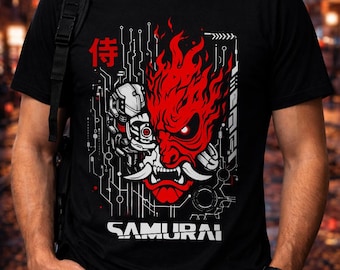 Cyberpunk 2077 Samurai T-Shirt | Rot Cyber Flaming Schädel-Grafik-T-Shirt | Herren Streetwear Shirt | Geschenk für Ihn