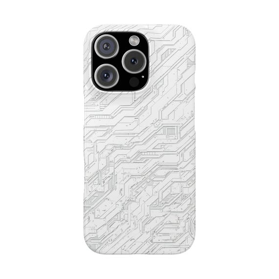 White Cyber Circuit Slim Phone Case | Cyberpunk Techwear Phone Cover for iPhone | Futuristic Gamer Phone Accessory | Gift For Gamer