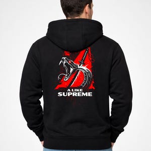 Sudadera con capucha y cremallera Cyberpunk 2077 I Like Supreme para hombre / Sudadera vintage de estilo urbano / Sudadera con capucha con estampado de Night City Gaming en la espalda / Regalo para él imagen 1