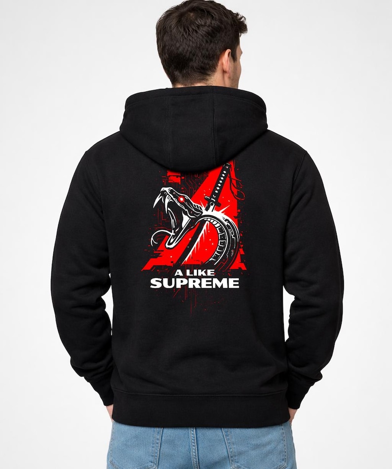 Sudadera con capucha y cremallera Cyberpunk 2077 I Like Supreme para hombre / Sudadera vintage de estilo urbano / Sudadera con capucha con estampado de Night City Gaming en la espalda / Regalo para él imagen 1
