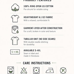 Pu&ograve; includere: Un grafico informativo per la t-shirt Comfort Colors 1717. Elenca caratteristiche tra cui 100% cotone americano ring-spun, tessuto da 6,1 oz, texture tinta in capo, costruzione a maglia tubolare e taglie S-4XL, oltre alle istruzioni per la cura.