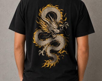 Vintage Oriantal Dragon Back Print T-Shirt | Japanese Streetwear Tee | Asian Mythologic Graphic Shirt | Gift For Him