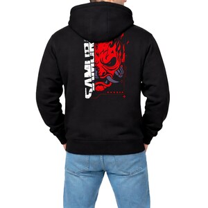 Sudadera con capucha y cremallera Cyberpunk 2077 Samurai / Sudadera con capucha y cremallera completa con estampado en la espalda para hombre / Sudadera técnica con calavera roja / Regalo para él imagen 2