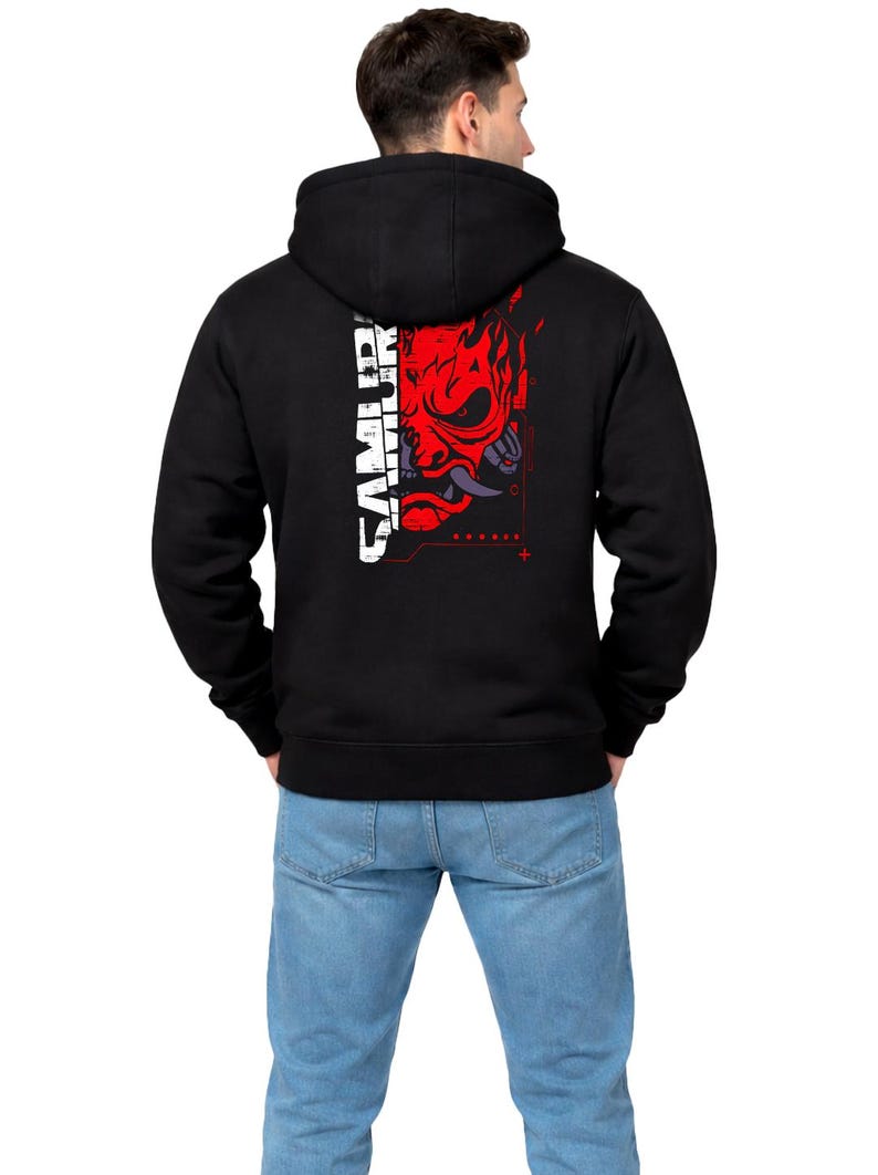 Sudadera con capucha y cremallera Cyberpunk 2077 Samurai / Sudadera con capucha y cremallera completa con estampado en la espalda para hombre / Sudadera técnica con calavera roja / Regalo para él imagen 2