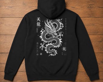 Oriantal Japanese Dragon Art Pullover Hoodie | Mythologic Streetwear Back Print Hoodie | Asian Graphic Sweatshirt | Gift For Him