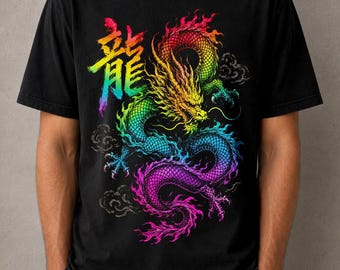 Rainbow Oriantal Dragon T-Shirt | Japanese Streetwear Unisex Tee | Asian Colorful Graphic Shirt