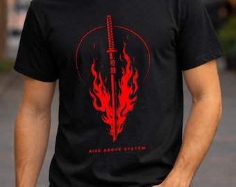 Japanese Kanji Flame Katana T-Shirt | Men's Streetwear Graphic Tee | Gift For Him