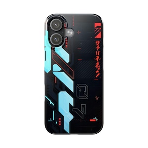 May include: Black smartphone case with a futuristic design. The case features geometric shapes in shades of blue and red, along with Japanese text. The case has a glossy finish and a dual-lens camera cutout.