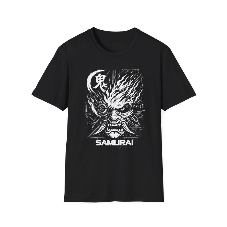 Cyberpunk 2077 Samurai Oni T-Shirt | Men's Streetwear Cosplay Gaming Tee | Monochrome Graphic Shirt | Gift for Him image 4