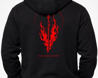 Japanese Kanji Flame Katana Zip Hoodie | Streetwear Men's Sweatshirt | Gift For Him