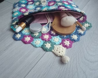 Handgemacht, bunt, gehäkelt, Make-up-Tasche, mit Satin-Reißverschluss innen, Kosmetiktasche