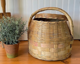 Vintage Covered Basket, Farmhouse Large Basket with Handle, French Country Basket, Basket Decor, Vintage storage Basket