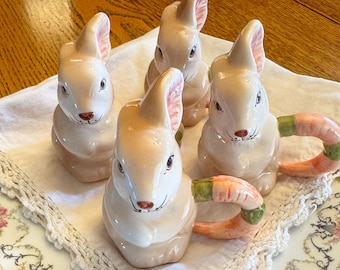 Vintage Ceramic Rabbit Napkin Rings, Bunny Table Decor, Antique Easter Decor, Spring Napkin Ring set of 4