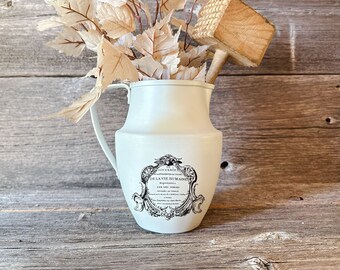 Hand Crafted French Country White Aluminum Pitcher with French Label, Handpainted Cottage Style Home Decor Pitcher, White Farmhouse Pitcher