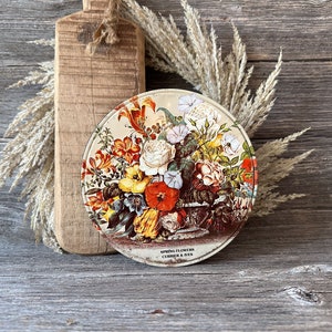 Vintage Round Floral Tin, English Garden Tin, Circular Decorative Storage, Spring Flowers Currier and Ives