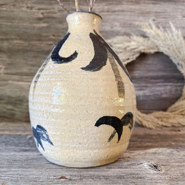 Handmade Vintage Pottery Vase, Rustic Narrow Neck Round Bottom Vase, Artisan Natural Stoneware with Blue Accents