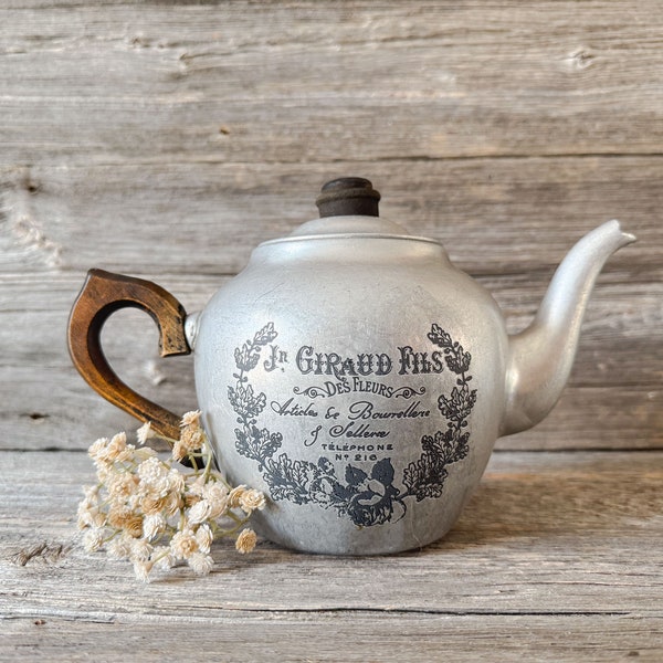 Vintage French Cottage Teapot, Retro Aluminum Kitchen Decor, French Label Decor, Tea Lover Gift