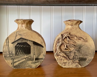 Covered Bridge Art, Lithography Art, Bridge Photograph, Vintage Pottery Vase, Photo Lithography on clay, Primitive Pottery