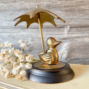 Brass Duck Figurine, Vintage Brass Duck with Wooden Base, Brass Duck with Umbrella, Antique Brass Duck, Duck Collectible